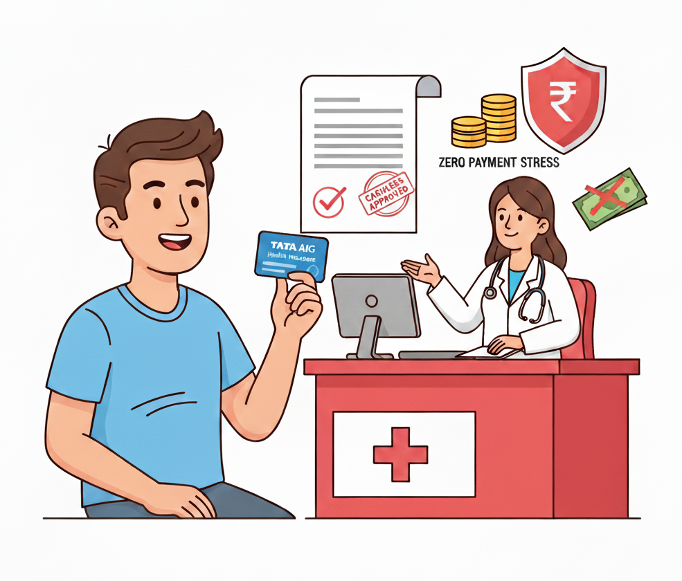 tata aig health insurance cashless approval with doctor and patient illustration