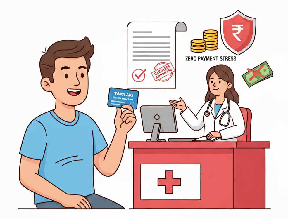tata aig health insurance cashless approval with doctor and patient illustration