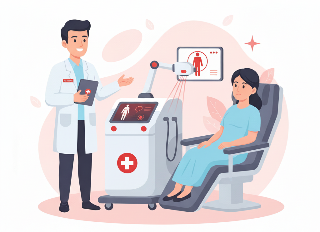 Doctor explaining minimally invasive proctology treatments using advanced medical technology to a female patient