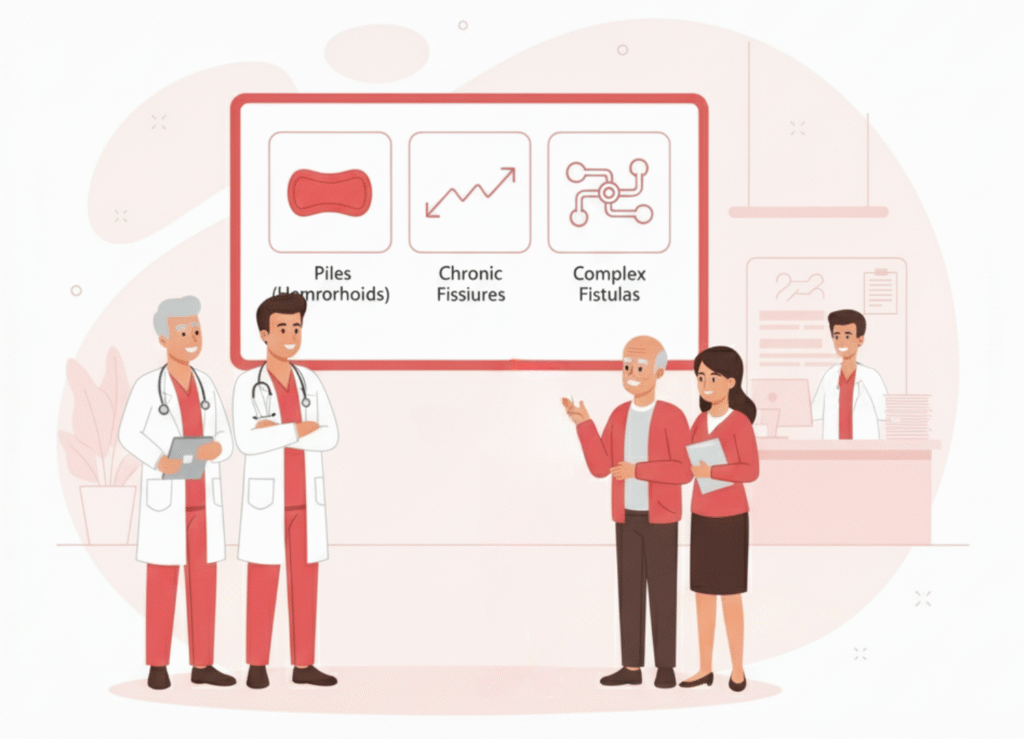 Doctors explaining comprehensive colorectal care for piles, chronic fissures, and complex fistulas to patients