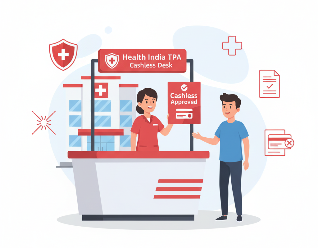 Health India TPA cashless hospital desk assisting patient with approved cashless treatment.