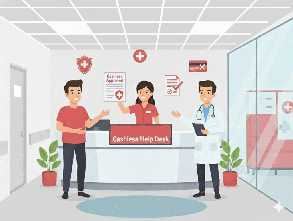 FHPL TPA network hospital cashless help desk assisting patient with approval process.