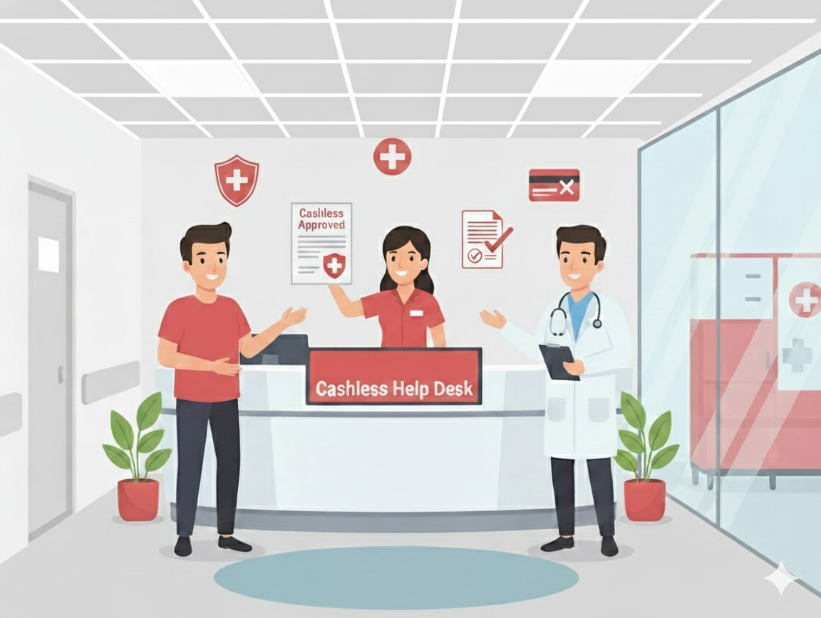 FHPL TPA network hospital cashless help desk assisting patient with approval process.