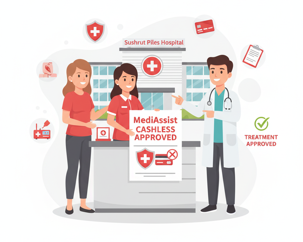 Hospital staff and doctor assisting patient with MediAssist cashless hospitalization approval process
