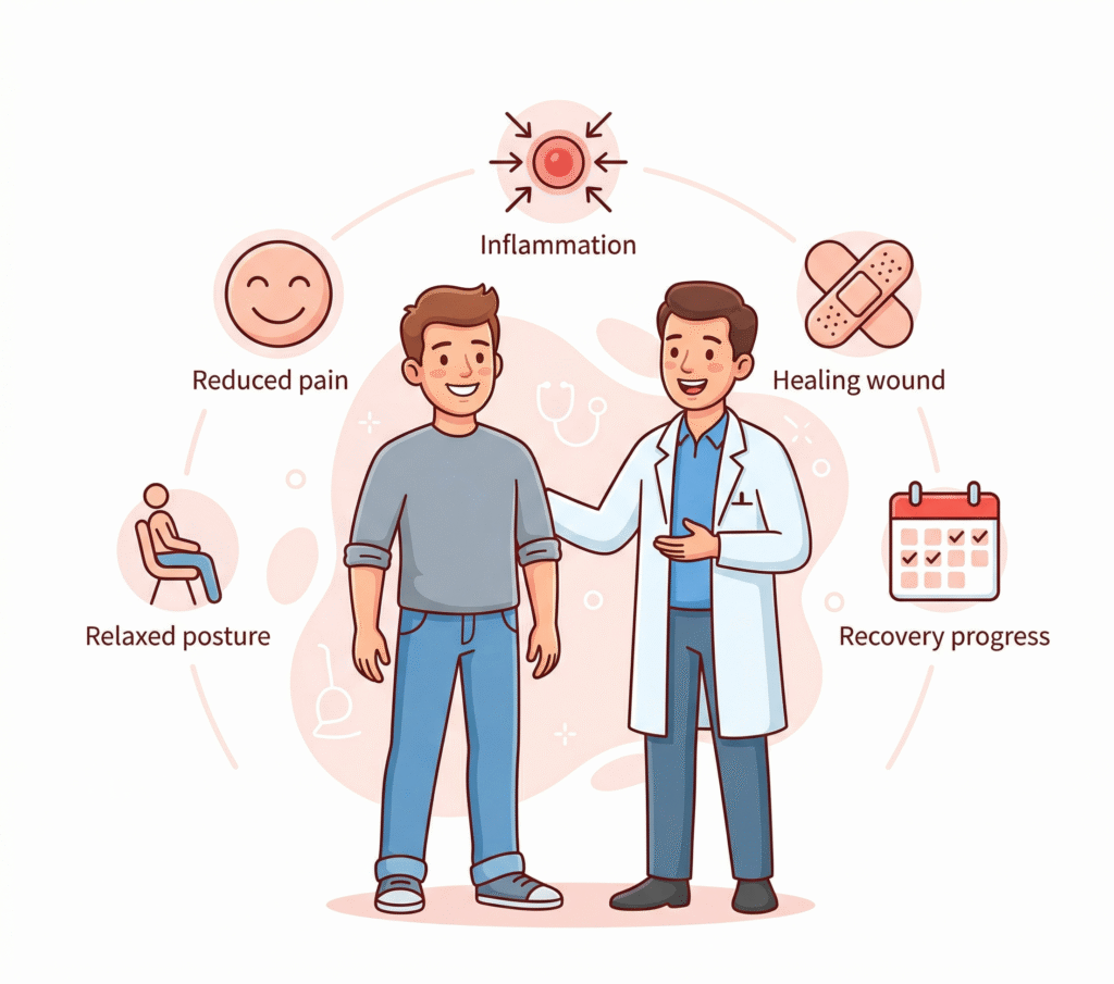fistula in anus treatment illustration showing healing process, reduced pain, inflammation control and recovery progress