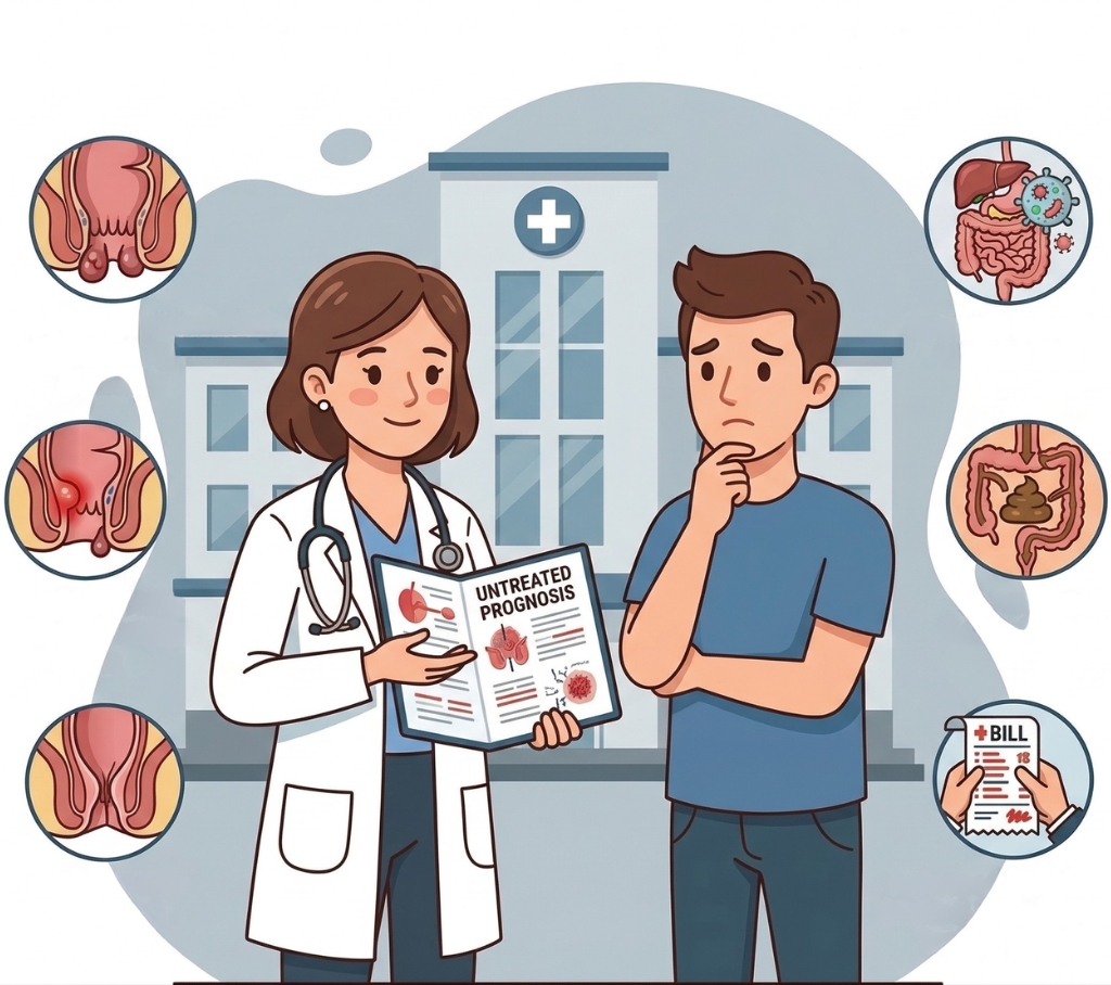 piles and fistula complications illustration showing untreated hemorrhoids, fistula, anal stenosis and infection risks