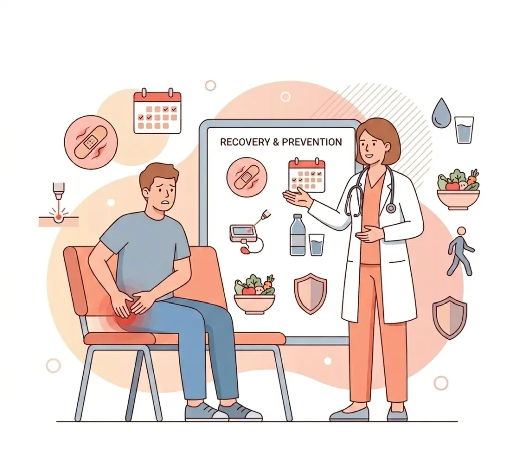 Fissures Return After Surgery recovery infographic with doctor explaining prevention tips and healing care