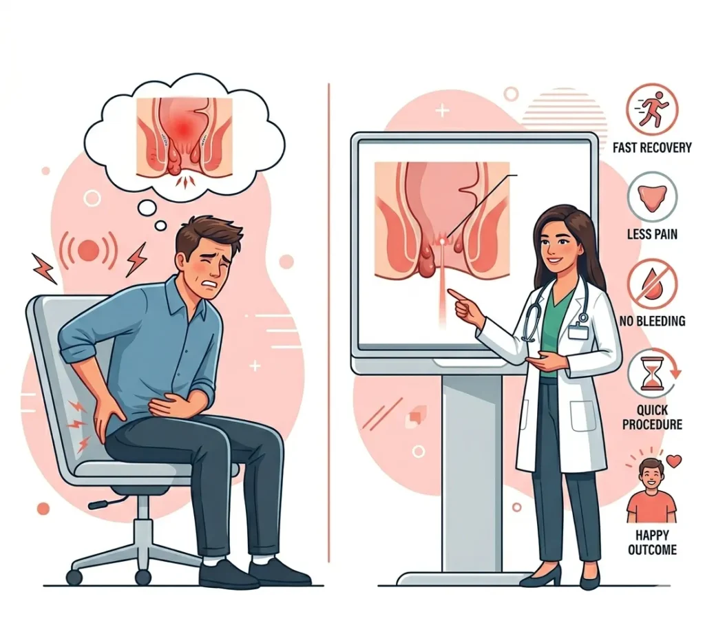 Piles laser treatment illustration showing patient with hemorrhoid pain and doctor explaining laser surgery benefits