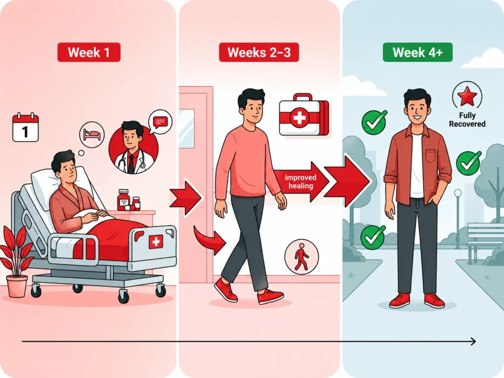 Illustrated recovery timeline showing a patient's healing journey after fissure treatment surgery, from hospital recovery in Week 1 to improved healing in Weeks 2–3 and full recovery by Week 4+.