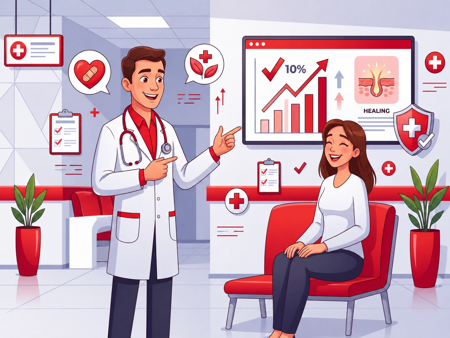 Cartoon-style medical illustration showing a doctor explaining fissure treatment success rates to a smiling patient, with a rising success chart, healing diagram, medical shield, and healthcare icons in a red and white clinic setting.