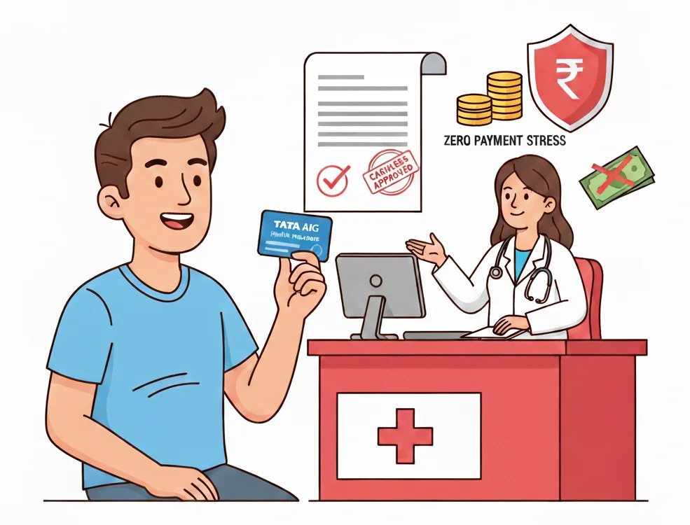 tata aig health insurance cashless approval with doctor and patient illustration
