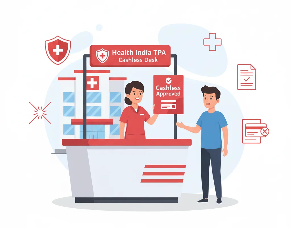 Health India TPA cashless hospital desk assisting patient with approved cashless treatment.