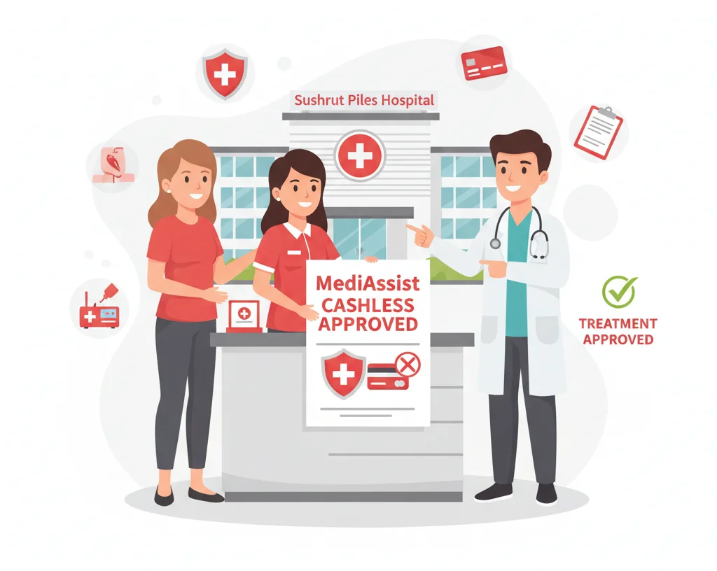 Hospital staff and doctor assisting patient with MediAssist cashless hospitalization approval process
