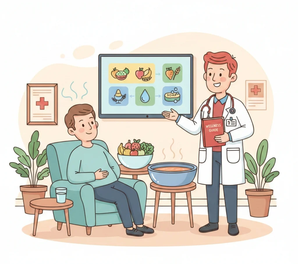 Anal Fissure Treatment consultation with doctor explaining diet and hygiene tips to patient