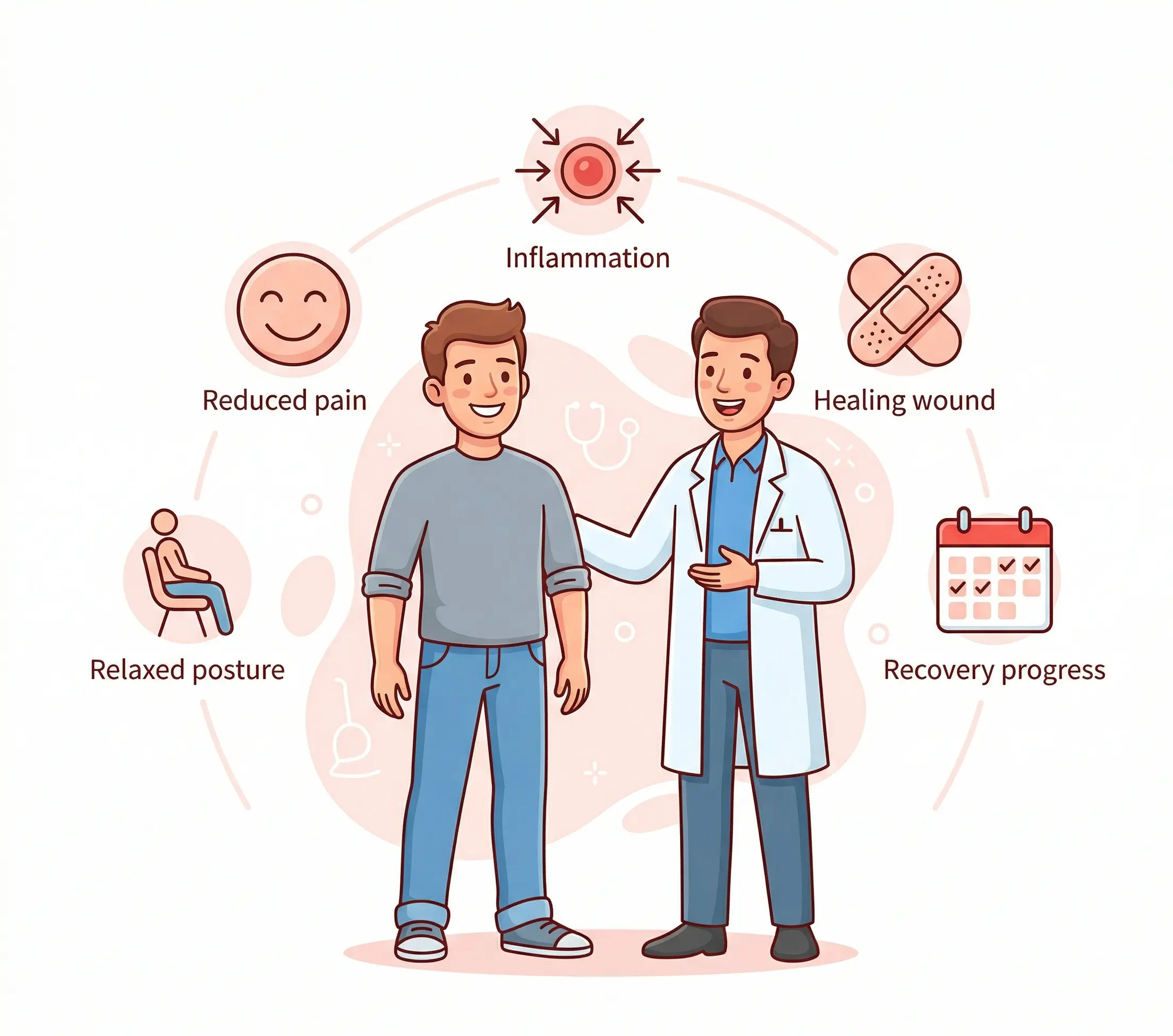 fistula in anus treatment illustration showing healing process, reduced pain, inflammation control and recovery progress