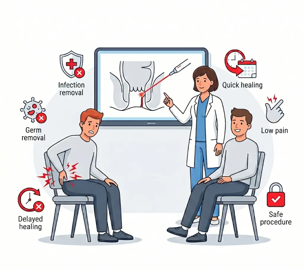 Anal Fistula Treatment illustration showing doctor explaining laser procedure with benefits like low pain, quick healing and infection removal