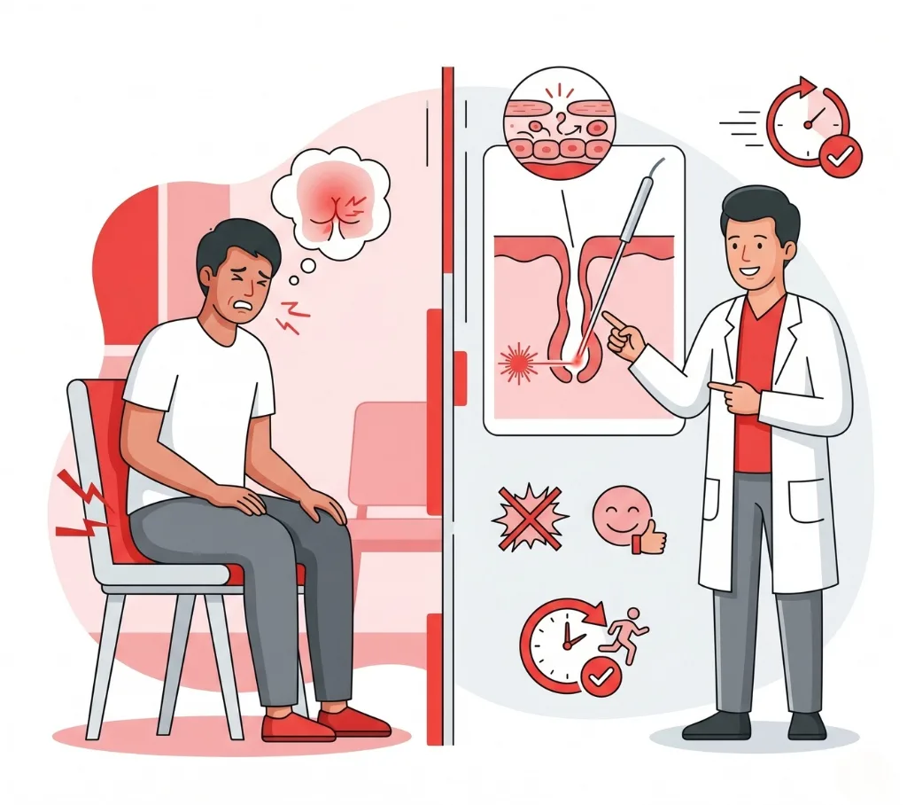 Fistula Laser Treatment procedure illustration showing patient pain relief and minimally invasive laser surgery for anal fistula