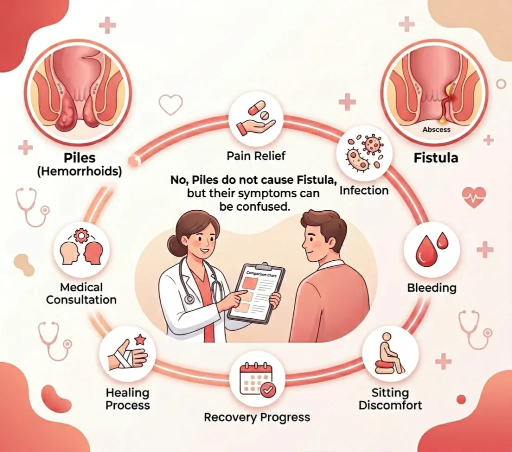 Piles Cause Fistula infographic explaining the difference between piles and fistula with doctor consultation and symptom comparison