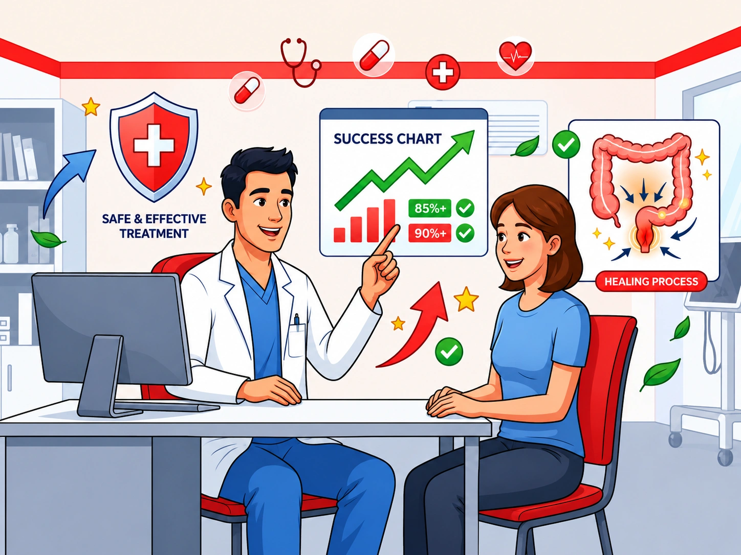 Doctor explaining treatment results and digestive health improvements to a female patient in a medical consultation room, with health charts, wellness symbols, and healing process illustrations.