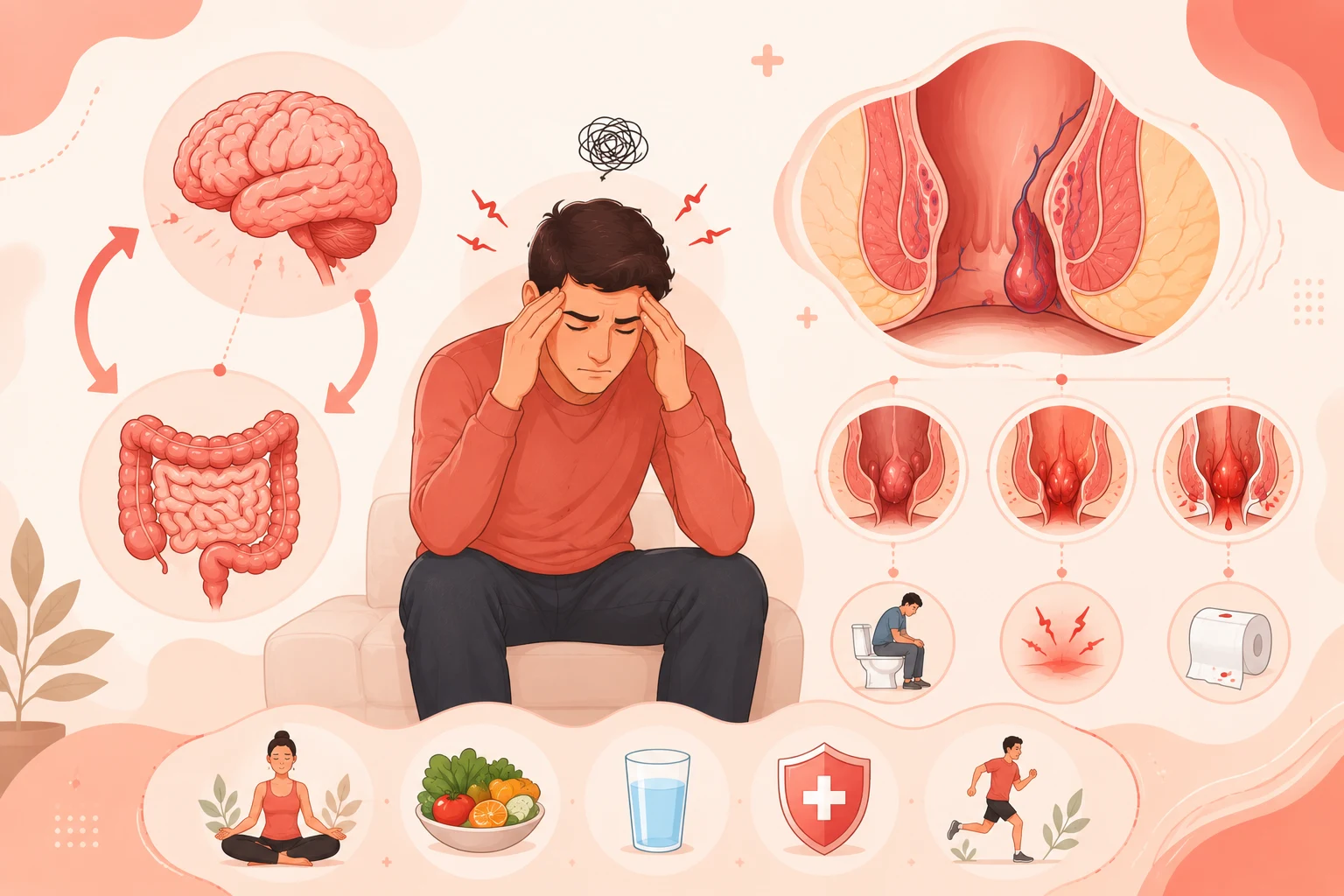 Piles Worse during monsoon season with symptoms including pain, bleeding, infection, and sitting discomfort illustrated in a medical infographic