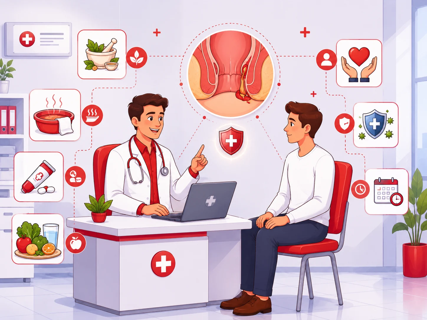 Fistula Treatment consultation with doctor explaining non-surgical treatment options, healing process, medications, diet, and patient care