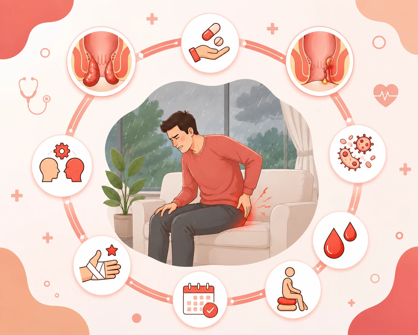 Piles During monsoon season showing pain, bleeding, infection, and sitting discomfort with medical treatment and recovery infographic
