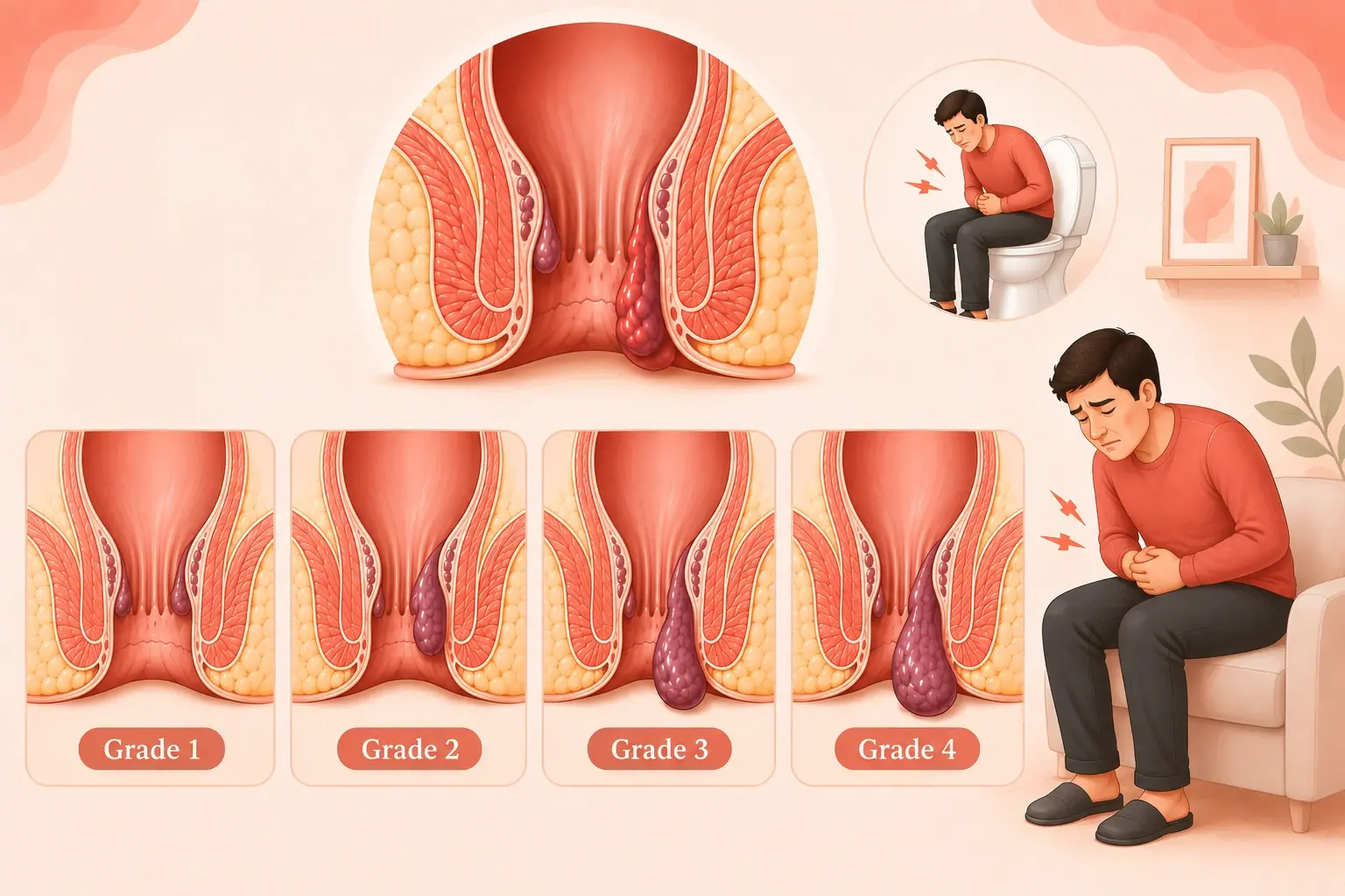 Grade 1 piles shown as mild internal hemorrhoids, with a medical illustration comparing Grade 1 to Grade 4 progression.