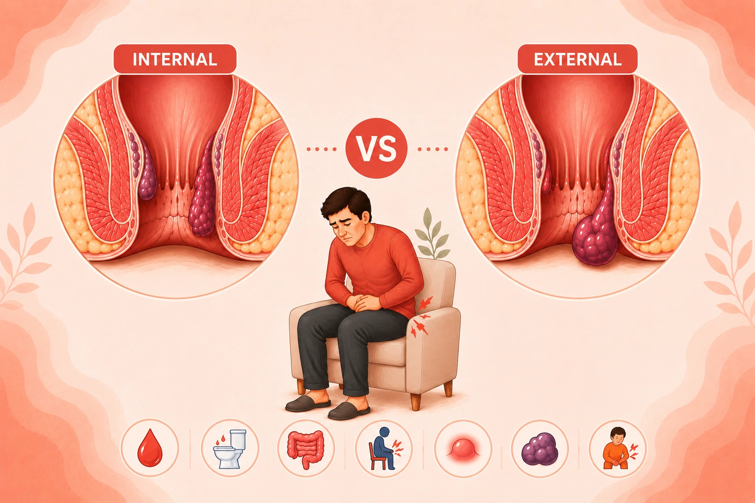 Internal vs External Hemorrhoids comparison showing the location and appearance of internal and external hemorrhoids.