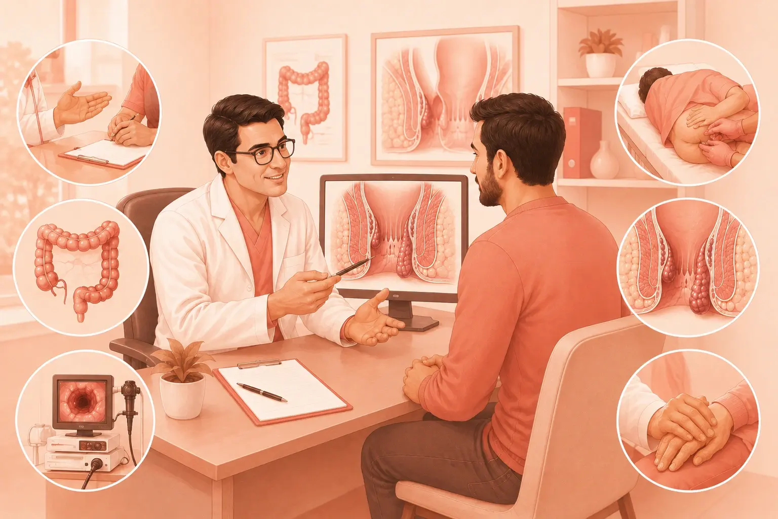 Proctologist consulting with a patient and explaining colorectal and hemorrhoid anatomy during a medical examination.