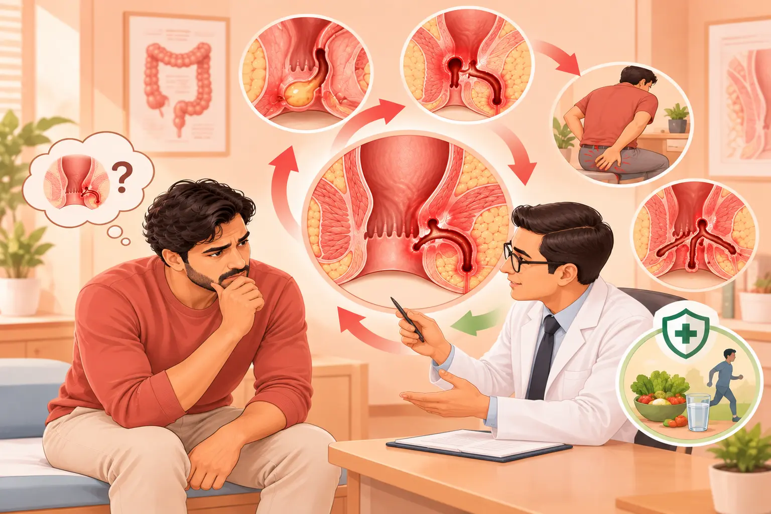Anal Fistula recurrence illustration showing a doctor explaining causes, symptoms, treatment and prevention to a patient.