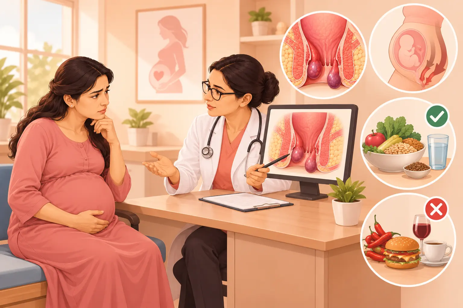 Piles During Pregnancy illustration showing a pregnant woman consulting a female doctor about hemorrhoid symptoms, causes, safe treatments and dietary care.