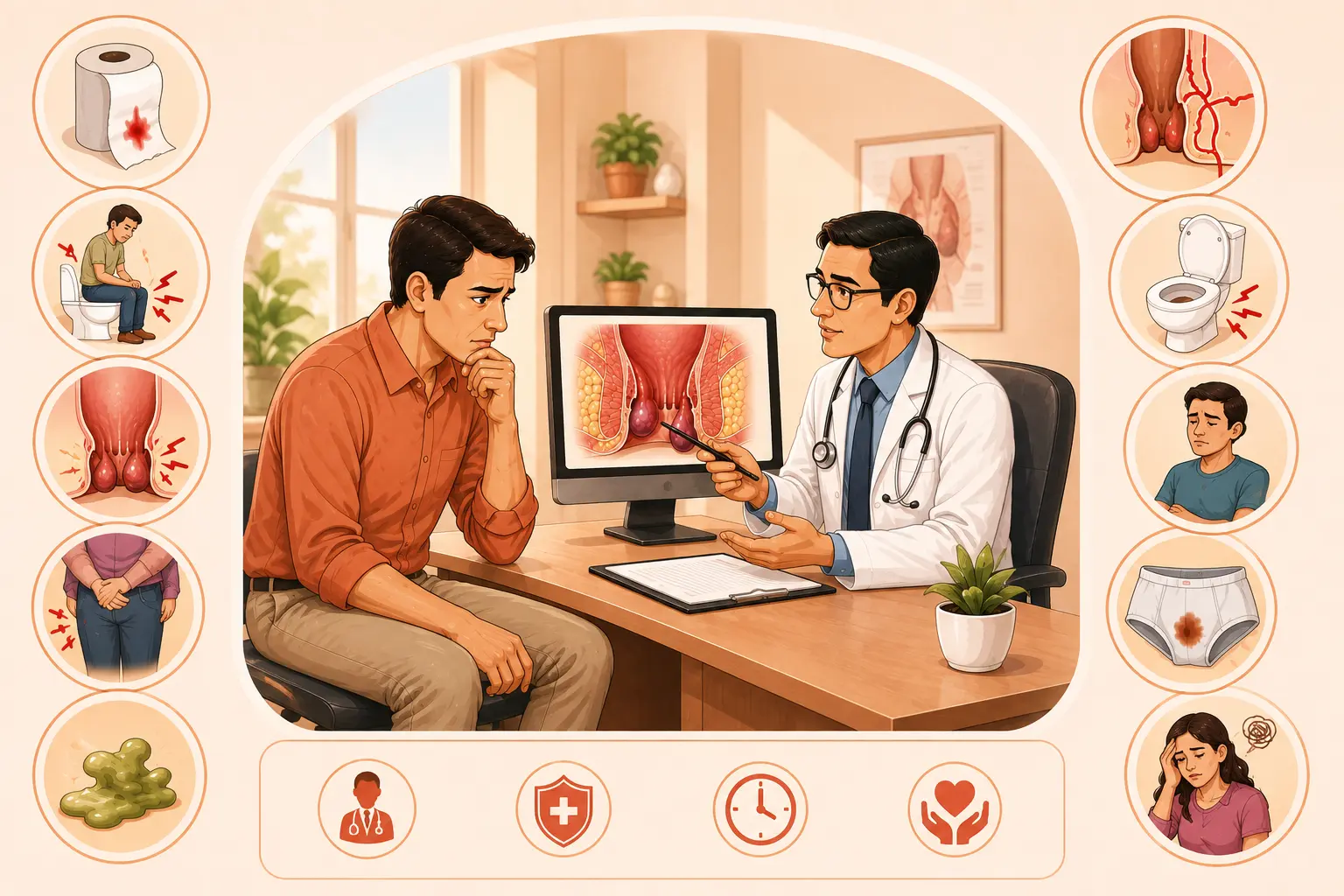Piles and Fistula symptoms illustration showing a doctor explaining warning signs, rectal bleeding, anal pain, swelling and the need for specialist consultation.